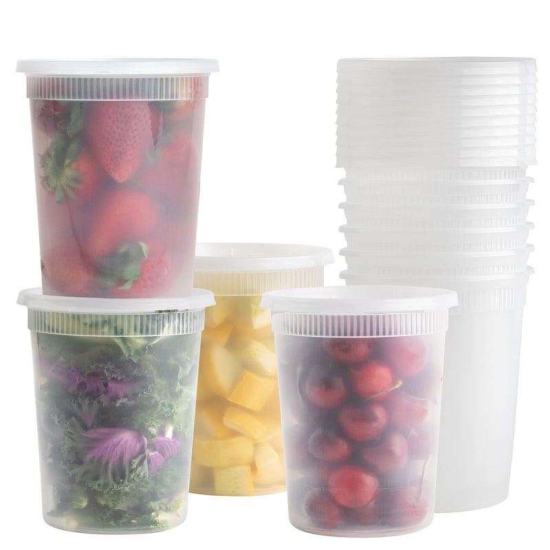 BluShine [24 Sets] 32 oz. Plastic Deli Food Storage Containers with Airtight Leak Proof Lids - Reusable - Microwave, Fridge, and Freezer Safe - Image 1